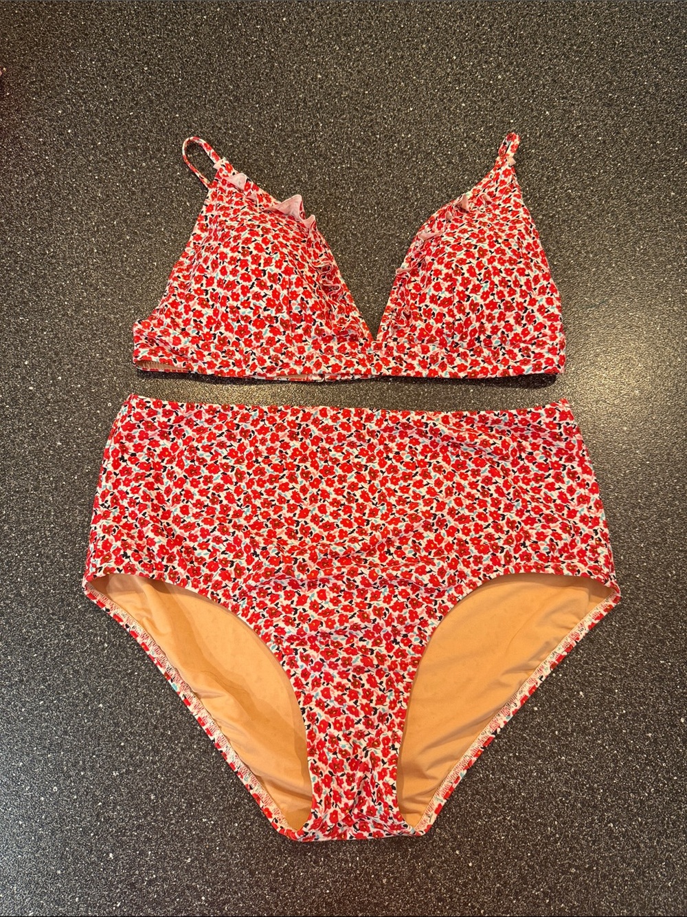 Red Floral High-Waist Bikini Set